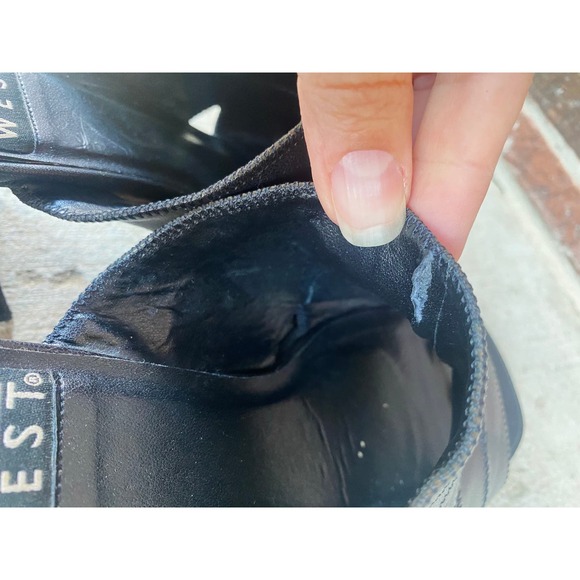 size 6.5 vintage y2k BLACK STITCHED Peep Toe PLATFORMS chunky leather square toe - Picture 10 of 10